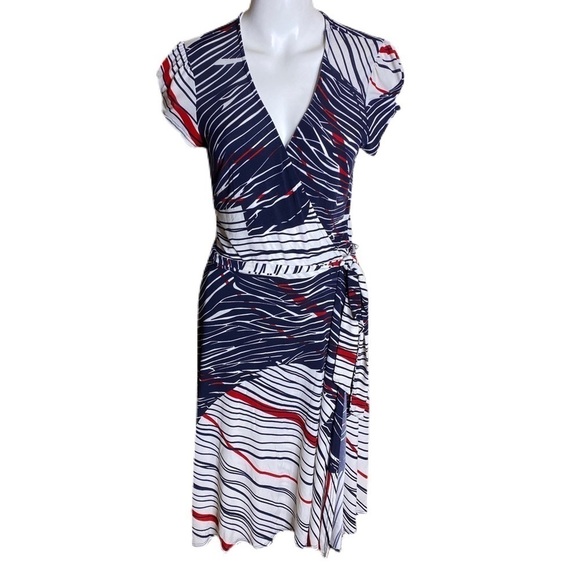 Boston Proper Faux Wrap Dress Red White Blue Size Small - Picture 2 of 9